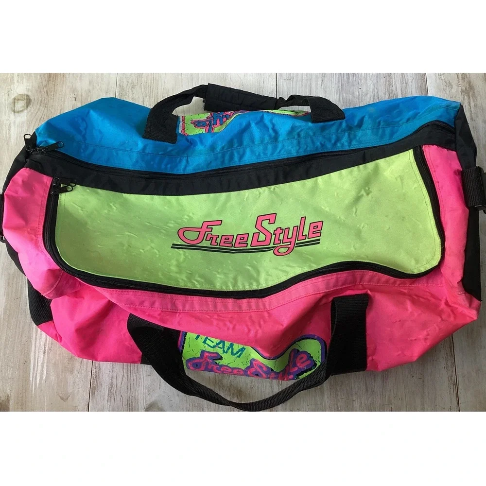 VINTAGE TEAM FREESTYLE BAG BRIGHT NEON COLOR BLOCK GYM DUFFEL